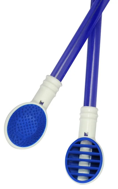 Two TS1 heads showing the nubbed side for gel massaging and the slatted side for vacuuming